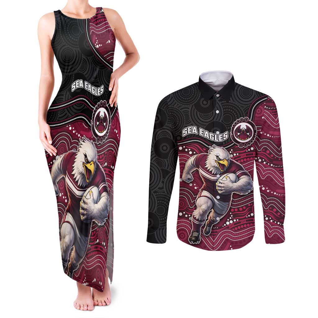 Custom Sea Eagles Couples Matching Tank Maxi Dress and Long Sleeve Button Shirt Bird Mascot With Aboriginal Indigenous