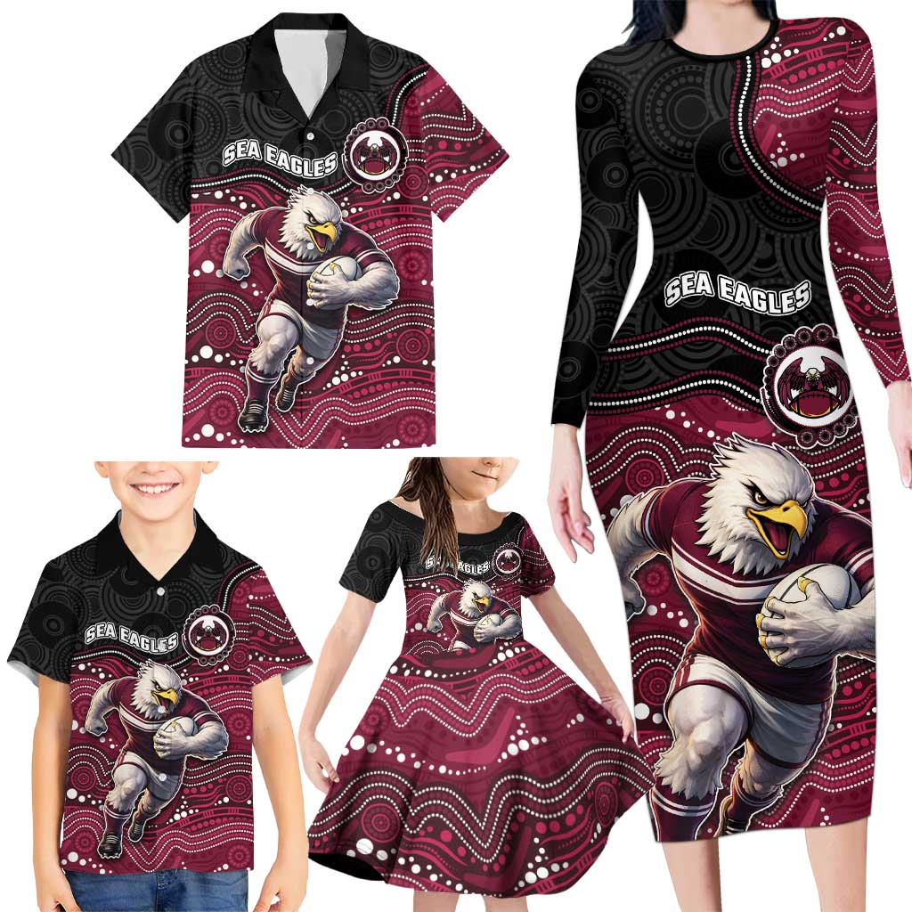 Custom Sea Eagles Family Matching Long Sleeve Bodycon Dress and Hawaiian Shirt Bird Mascot With Aboriginal Indigenous