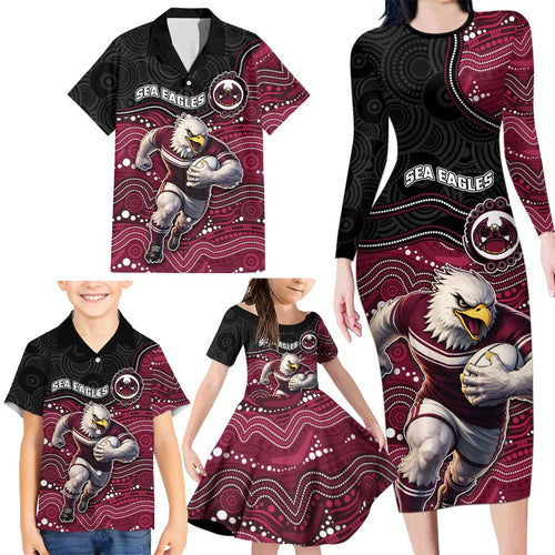 Custom Sea Eagles Family Matching Long Sleeve Bodycon Dress and Hawaiian Shirt Bird Mascot With Aboriginal Indigenous