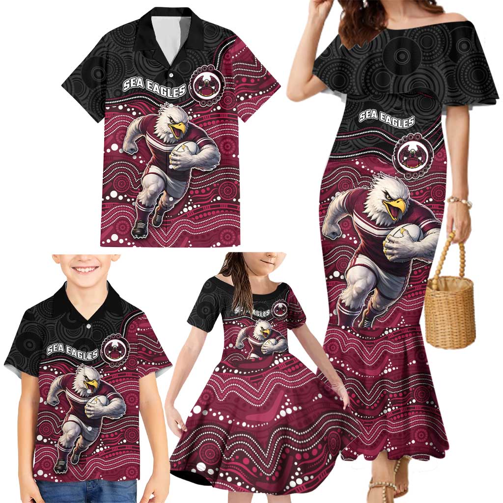 Custom Sea Eagles Family Matching Mermaid Dress and Hawaiian Shirt Bird Mascot With Aboriginal Indigenous