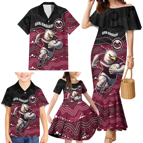 Custom Sea Eagles Family Matching Mermaid Dress and Hawaiian Shirt Bird Mascot With Aboriginal Indigenous