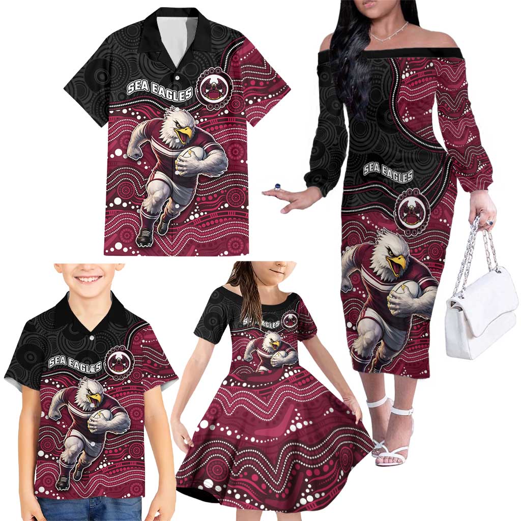 Custom Sea Eagles Family Matching Off The Shoulder Long Sleeve Dress and Hawaiian Shirt Bird Mascot With Aboriginal Indigenous