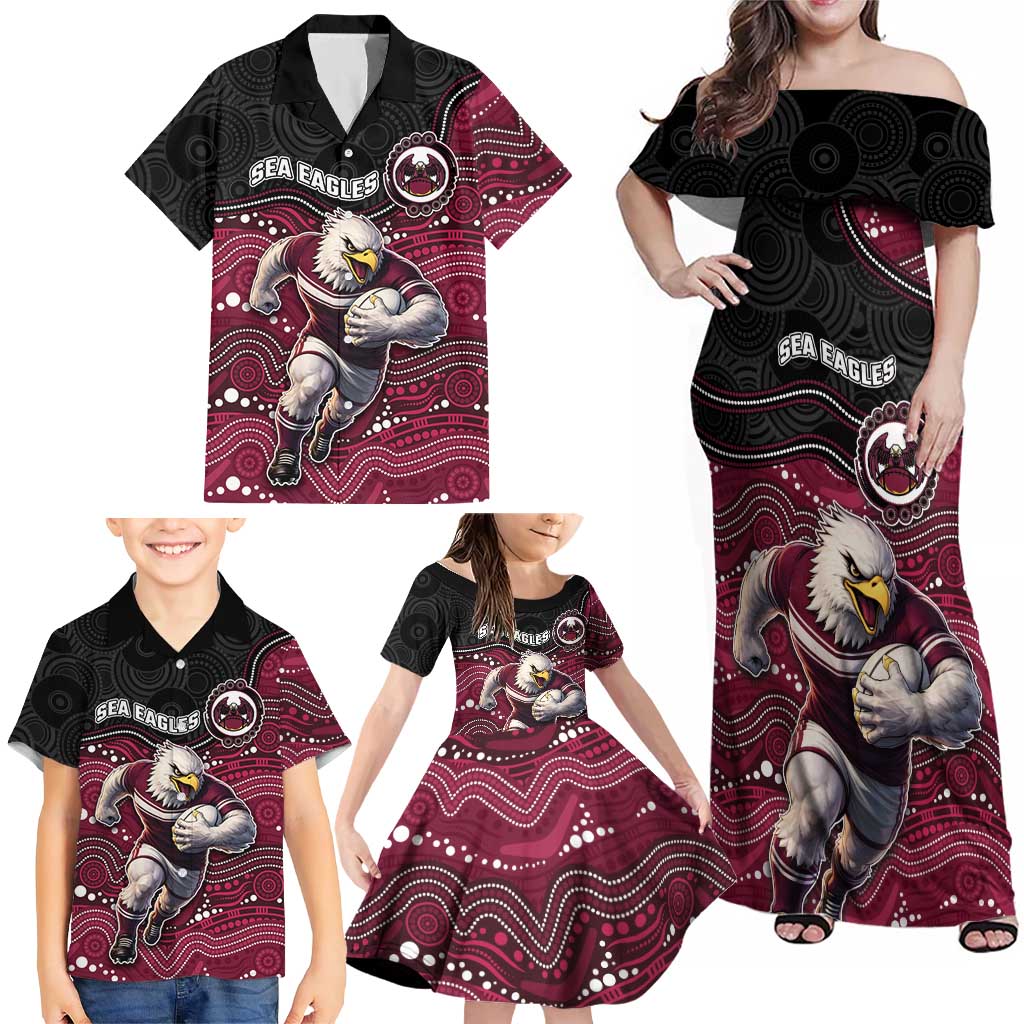 Custom Sea Eagles Family Matching Off Shoulder Maxi Dress and Hawaiian Shirt Bird Mascot With Aboriginal Indigenous