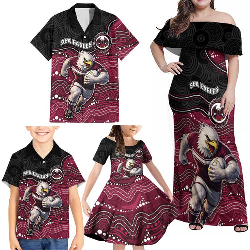 Custom Sea Eagles Family Matching Off Shoulder Maxi Dress and Hawaiian Shirt Bird Mascot With Aboriginal Indigenous