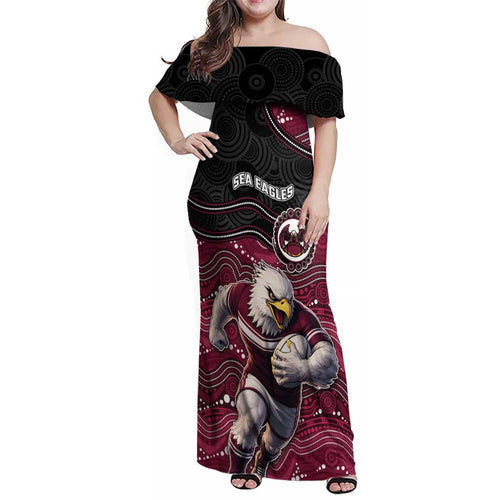 Custom Sea Eagles Family Matching Off Shoulder Maxi Dress and Hawaiian Shirt Bird Mascot With Aboriginal Indigenous