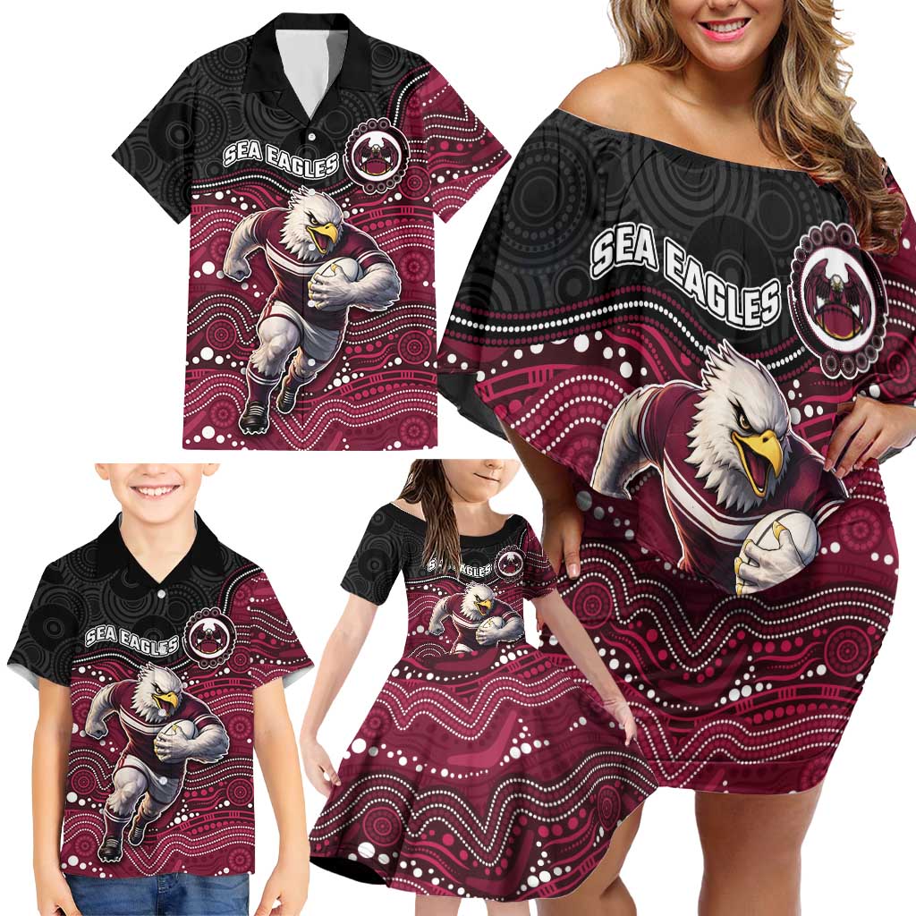 Custom Sea Eagles Family Matching Off Shoulder Short Dress and Hawaiian Shirt Bird Mascot With Aboriginal Indigenous