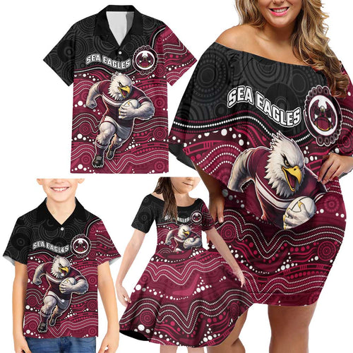 Custom Sea Eagles Family Matching Off Shoulder Short Dress and Hawaiian Shirt Bird Mascot With Aboriginal Indigenous