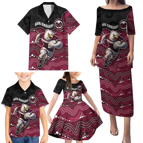 Custom Sea Eagles Family Matching Puletasi and Hawaiian Shirt Bird Mascot With Aboriginal Indigenous