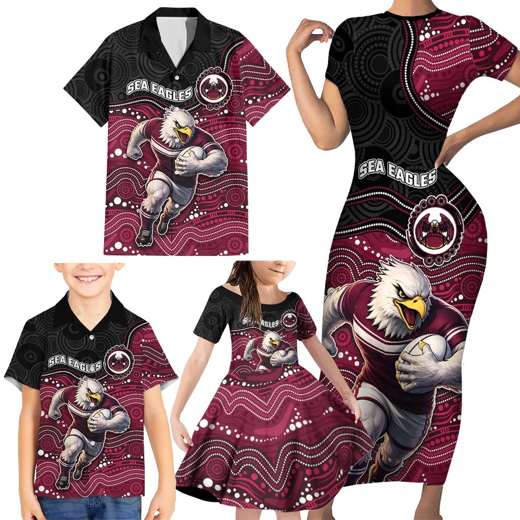 Custom Sea Eagles Family Matching Short Sleeve Bodycon Dress and Hawaiian Shirt Bird Mascot With Aboriginal Indigenous