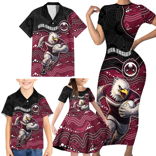 Custom Sea Eagles Family Matching Short Sleeve Bodycon Dress and Hawaiian Shirt Bird Mascot With Aboriginal Indigenous