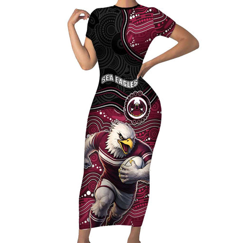 Custom Sea Eagles Family Matching Short Sleeve Bodycon Dress and Hawaiian Shirt Bird Mascot With Aboriginal Indigenous