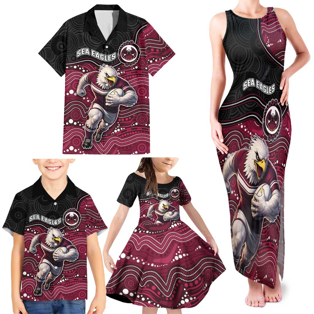 Custom Sea Eagles Family Matching Tank Maxi Dress and Hawaiian Shirt Bird Mascot With Aboriginal Indigenous