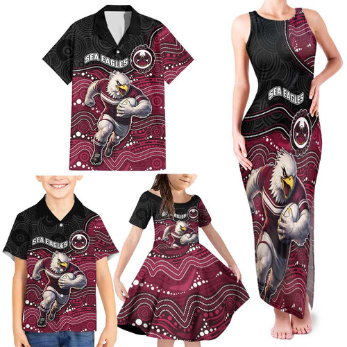 Custom Sea Eagles Family Matching Tank Maxi Dress and Hawaiian Shirt Bird Mascot With Aboriginal Indigenous