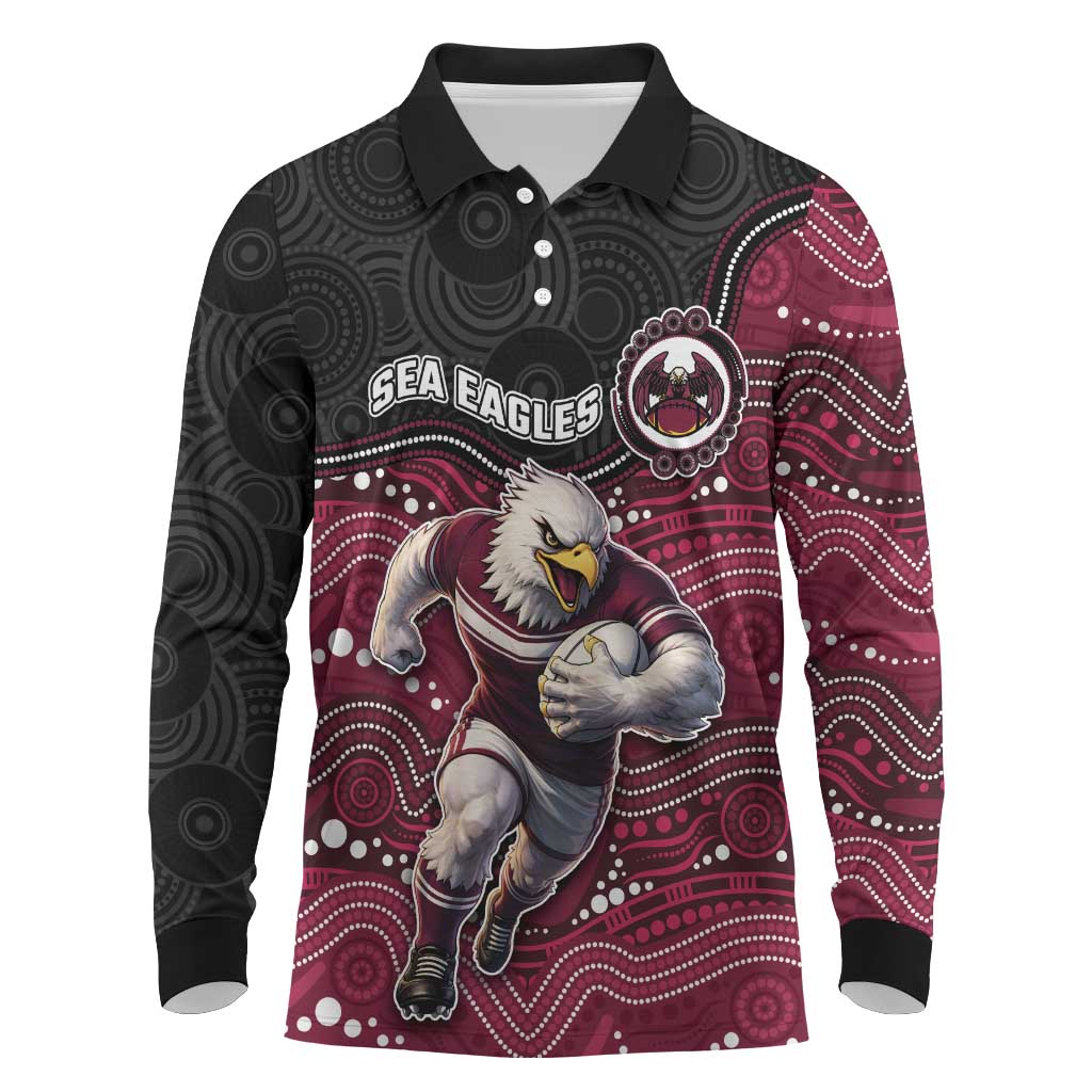 Custom Sea Eagles Long Sleeve Polo Shirt Bird Mascot With Aboriginal Indigenous
