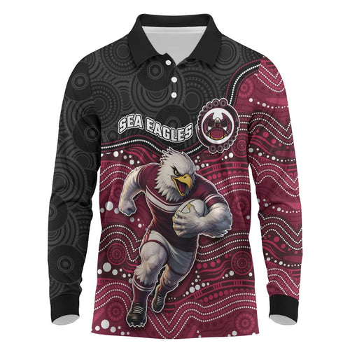 Custom Sea Eagles Long Sleeve Polo Shirt Bird Mascot With Aboriginal Indigenous