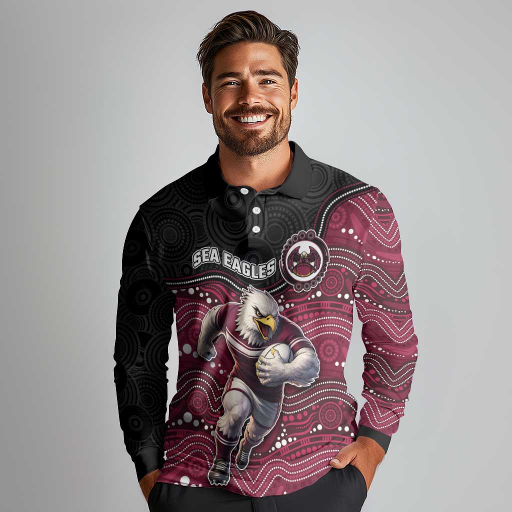 Custom Sea Eagles Long Sleeve Polo Shirt Bird Mascot With Aboriginal Indigenous