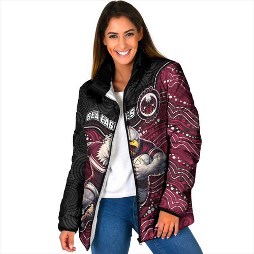 Custom Sea Eagles Padded Jacket Bird Mascot With Aboriginal Indigenous