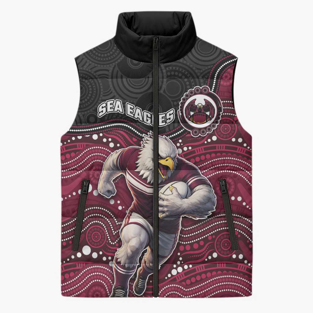 Custom Sea Eagles Sleeveless Puffer Jacket Bird Mascot With Aboriginal Indigenous