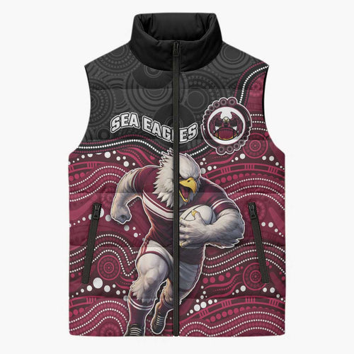 Custom Sea Eagles Sleeveless Puffer Jacket Bird Mascot With Aboriginal Indigenous