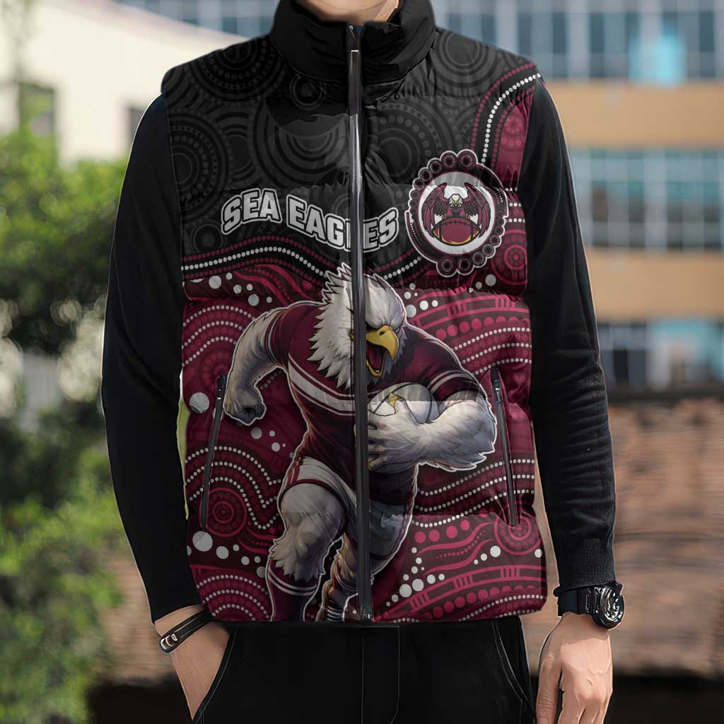 Custom Sea Eagles Sleeveless Puffer Jacket Bird Mascot With Aboriginal Indigenous