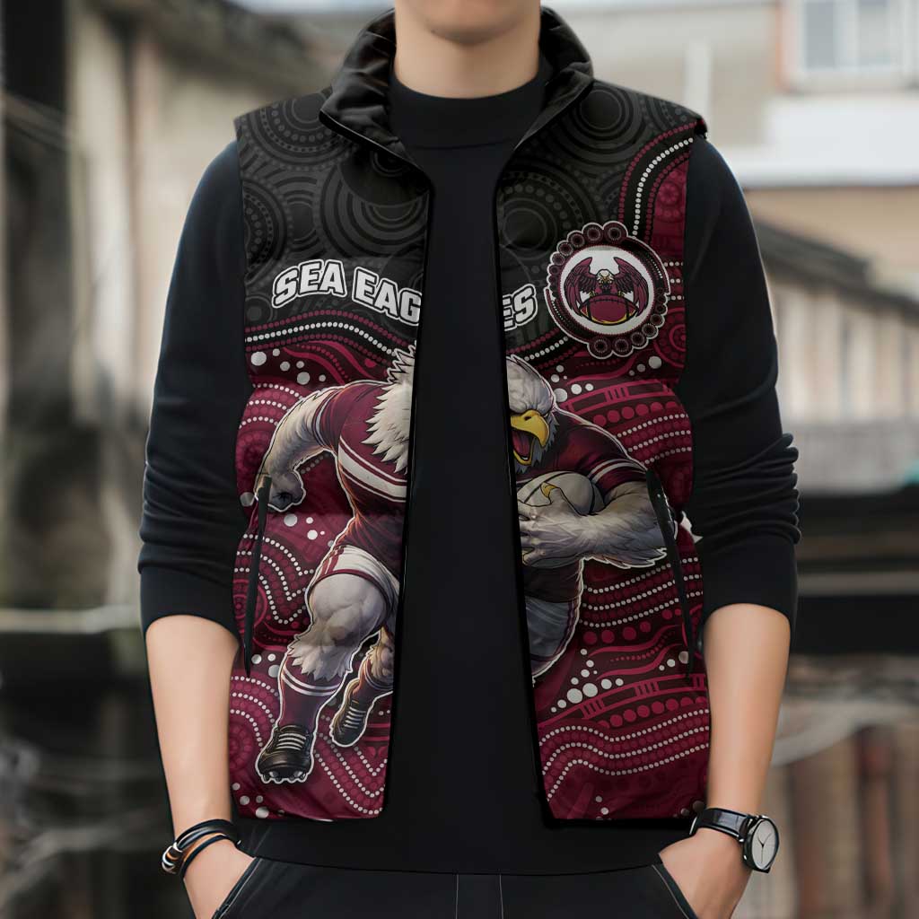 Custom Sea Eagles Sleeveless Puffer Jacket Bird Mascot With Aboriginal Indigenous