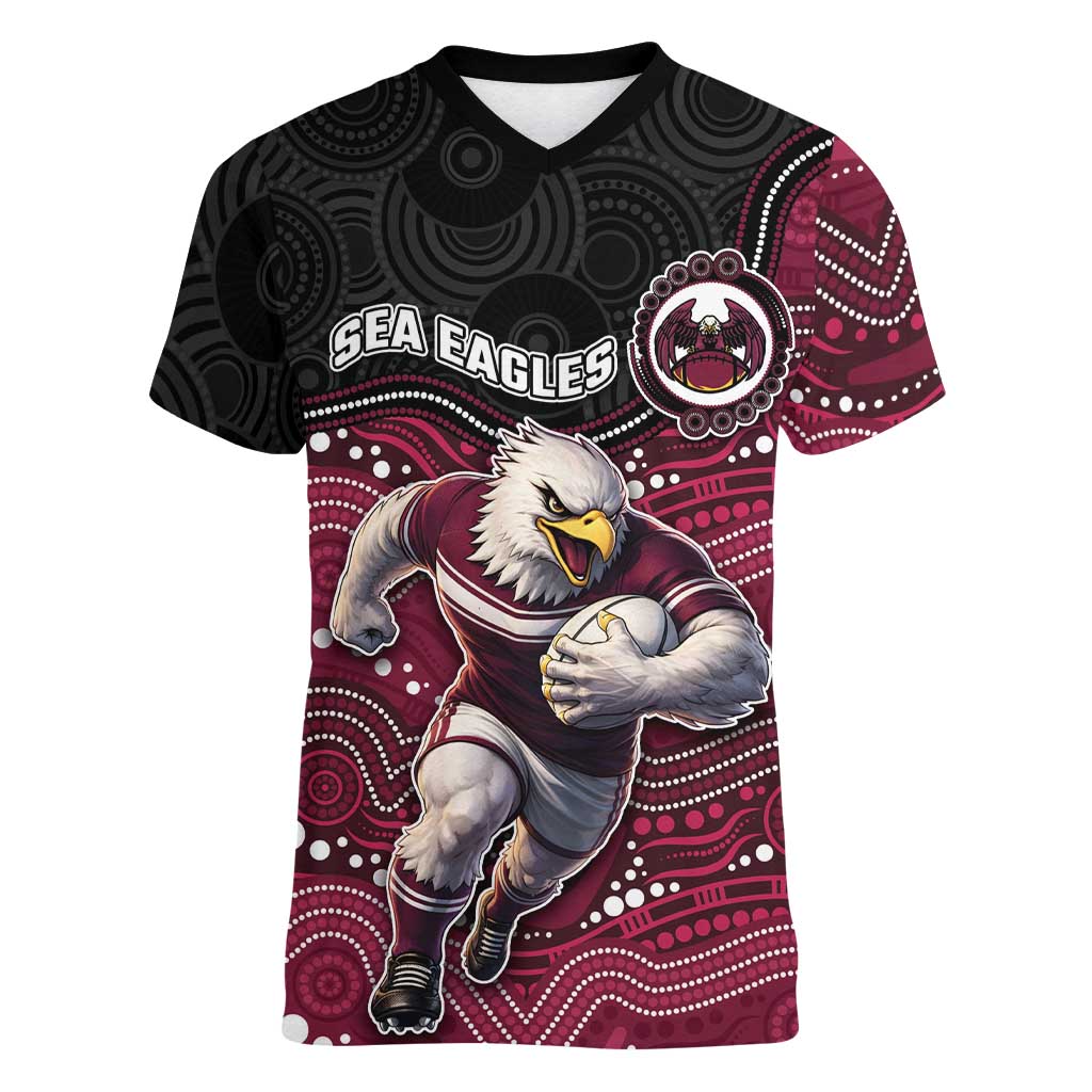 Custom Sea Eagles Women V-Neck T-Shirt Bird Mascot With Aboriginal Indigenous