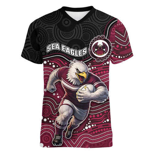 Custom Sea Eagles Women V-Neck T-Shirt Bird Mascot With Aboriginal Indigenous