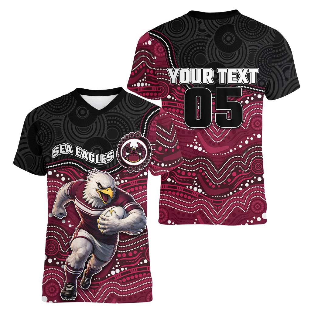Custom Sea Eagles Women V-Neck T-Shirt Bird Mascot With Aboriginal Indigenous