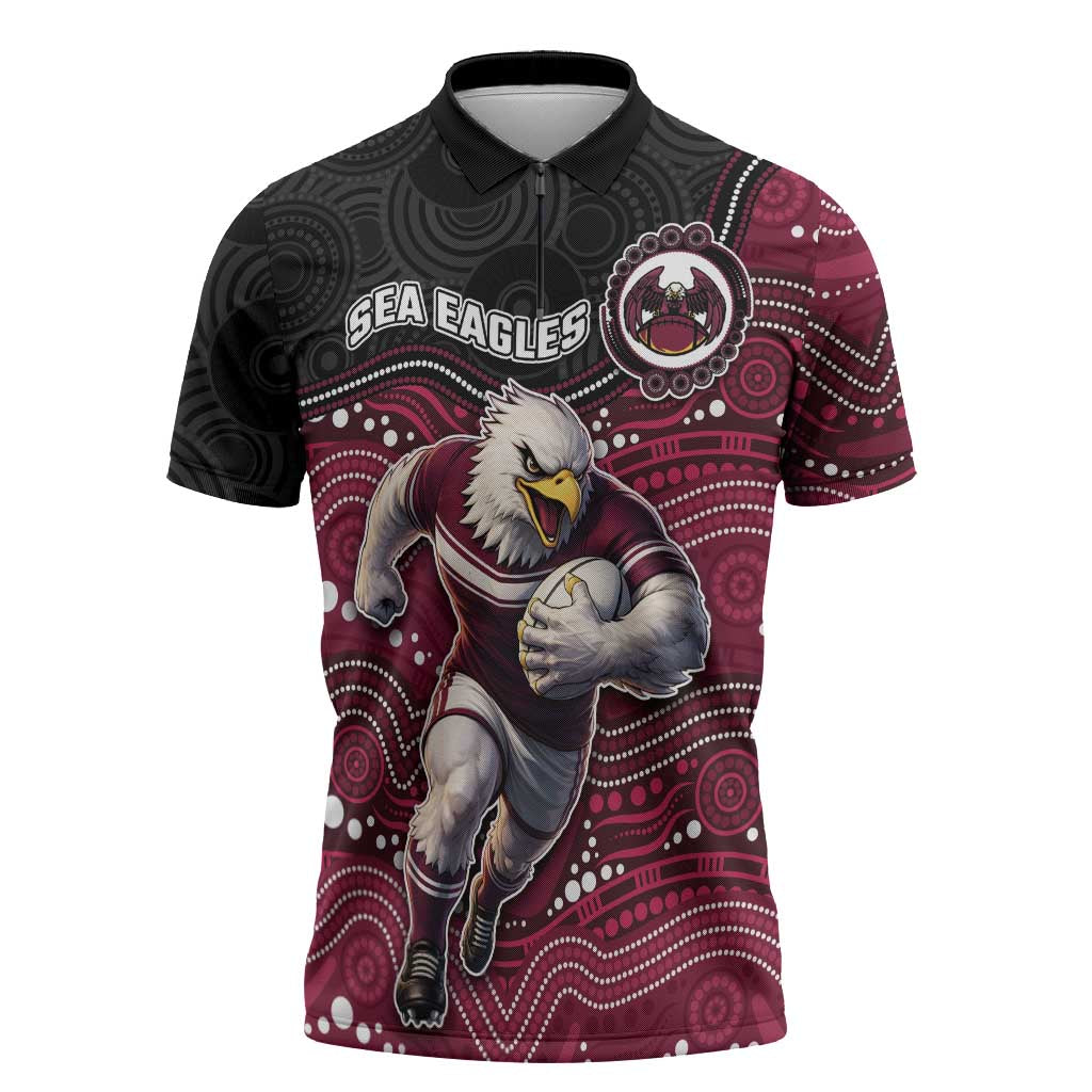 Custom Sea Eagles Zipper Polo Shirt Bird Mascot With Aboriginal Indigenous