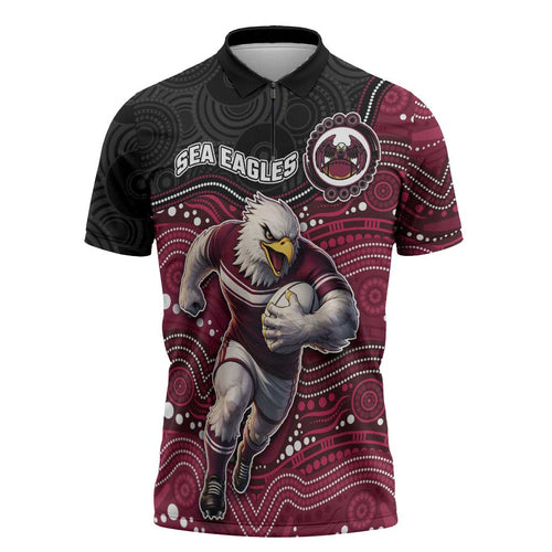 Custom Sea Eagles Zipper Polo Shirt Bird Mascot With Aboriginal Indigenous