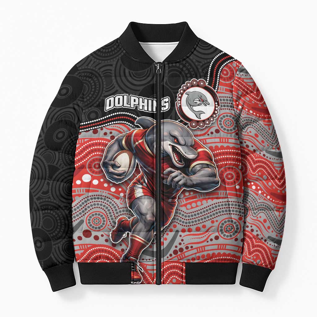 Custom Dolphins Bomber Puffer Jacket Fish Mascot With Aboriginal Indigenous