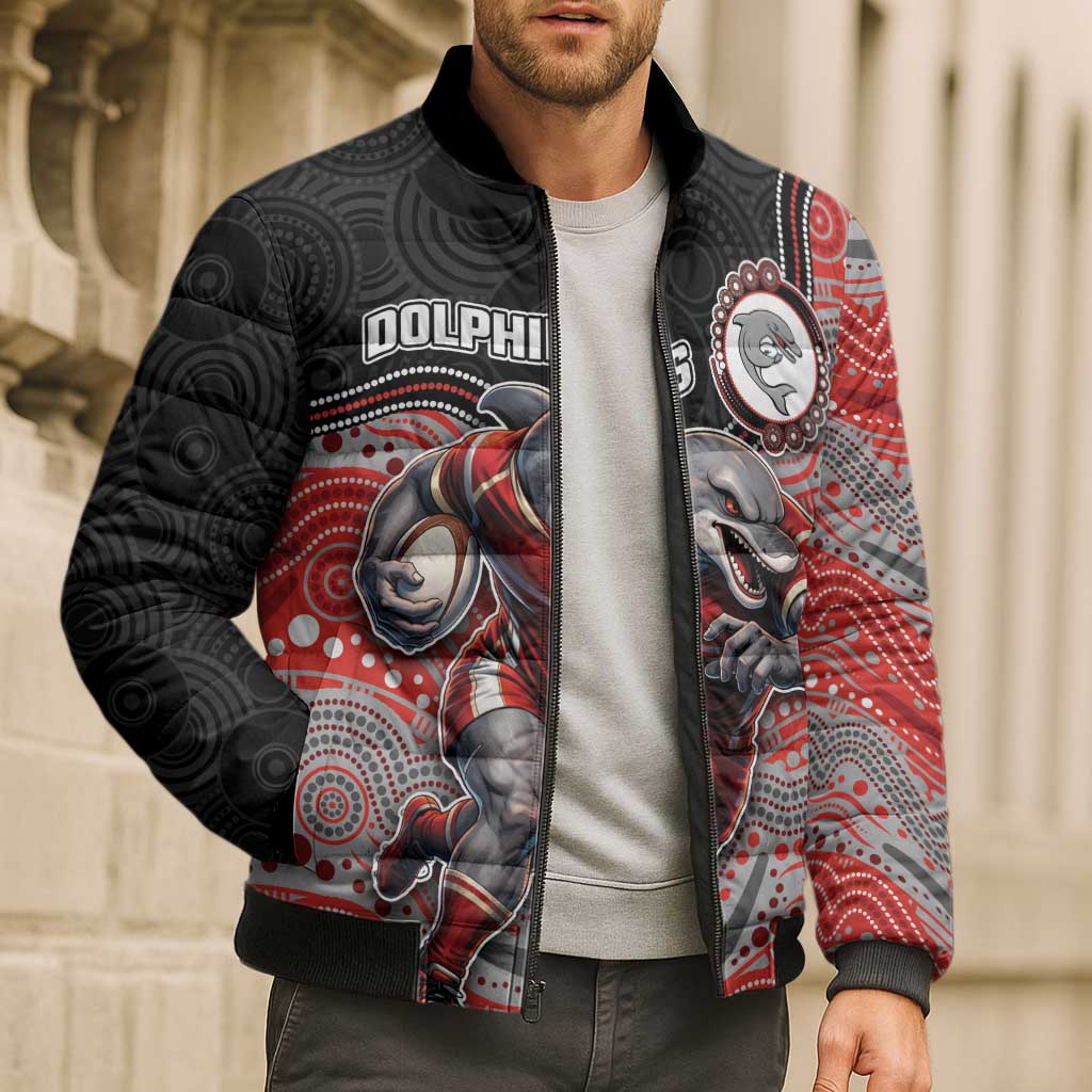 Custom Dolphins Bomber Puffer Jacket Fish Mascot With Aboriginal Indigenous