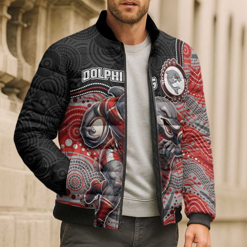 Custom Dolphins Bomber Puffer Jacket Fish Mascot With Aboriginal Indigenous