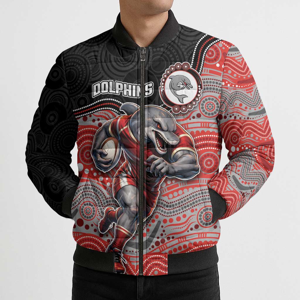 Custom Dolphins Bomber Puffer Jacket Fish Mascot With Aboriginal Indigenous