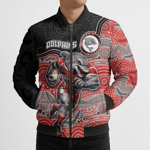 Custom Dolphins Bomber Puffer Jacket Fish Mascot With Aboriginal Indigenous