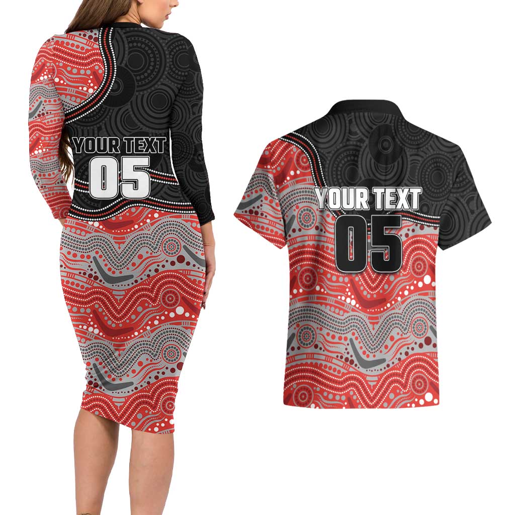 Custom Dolphins Couples Matching Long Sleeve Bodycon Dress and Hawaiian Shirt Fish Mascot With Aboriginal Indigenous