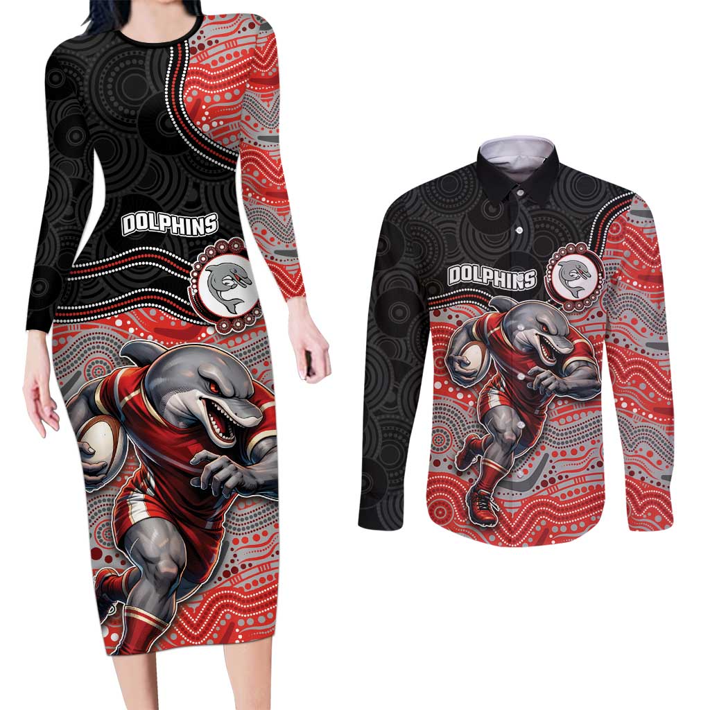 Custom Dolphins Couples Matching Long Sleeve Bodycon Dress and Long Sleeve Button Shirt Fish Mascot With Aboriginal Indigenous