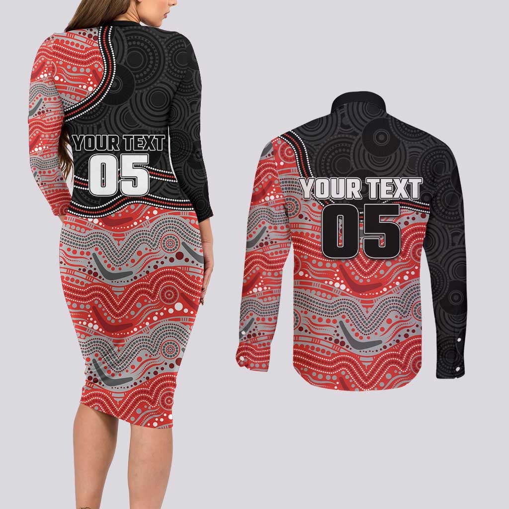 Custom Dolphins Couples Matching Long Sleeve Bodycon Dress and Long Sleeve Button Shirt Fish Mascot With Aboriginal Indigenous