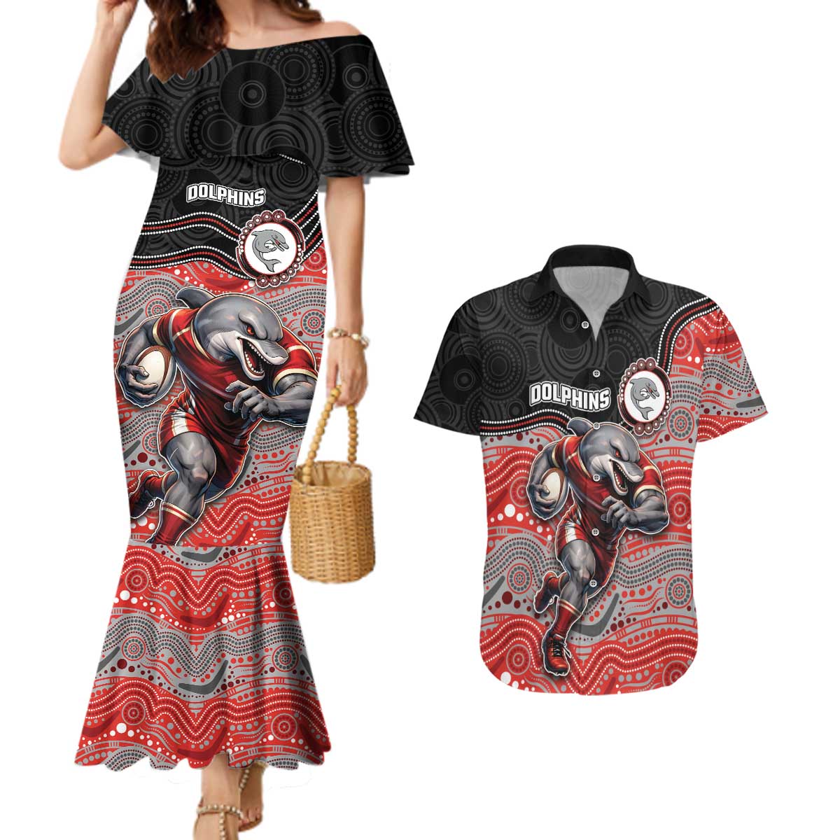Custom Dolphins Couples Matching Mermaid Dress and Hawaiian Shirt Fish Mascot With Aboriginal Indigenous