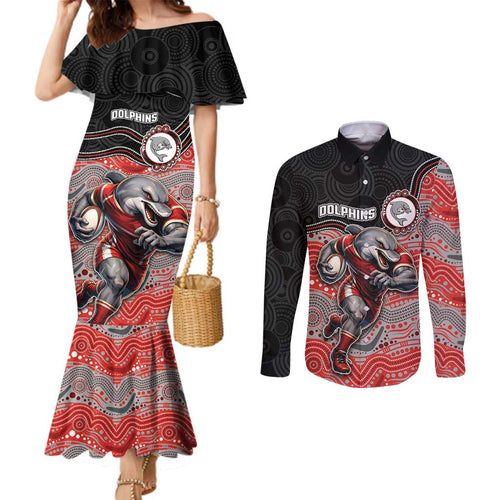 Custom Dolphins Couples Matching Mermaid Dress and Long Sleeve Button Shirt Fish Mascot With Aboriginal Indigenous
