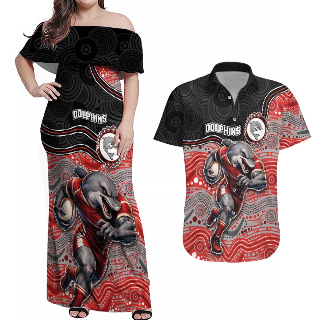 Custom Dolphins Couples Matching Off Shoulder Maxi Dress and Hawaiian Shirt Fish Mascot With Aboriginal Indigenous