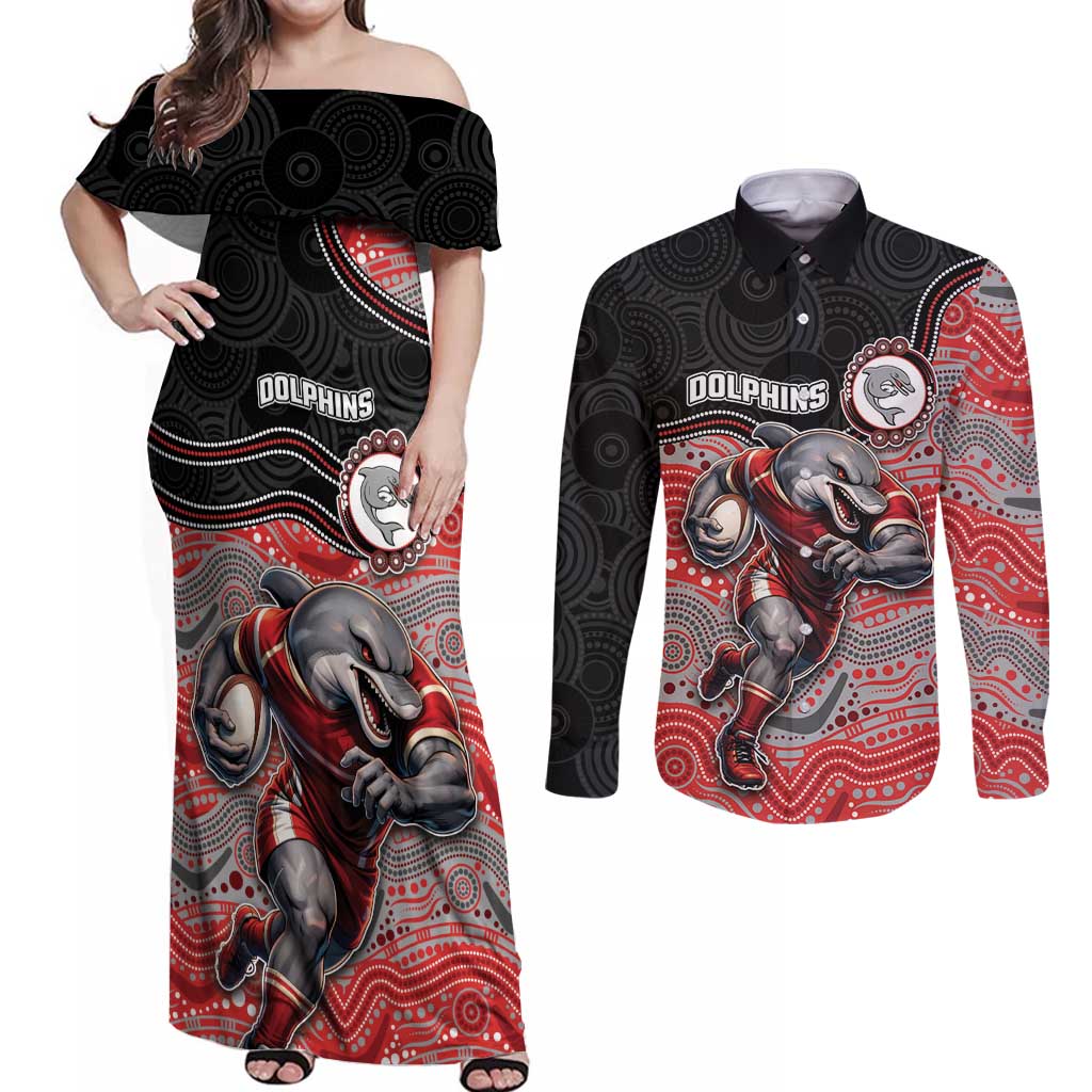 Custom Dolphins Couples Matching Off Shoulder Maxi Dress and Long Sleeve Button Shirt Fish Mascot With Aboriginal Indigenous