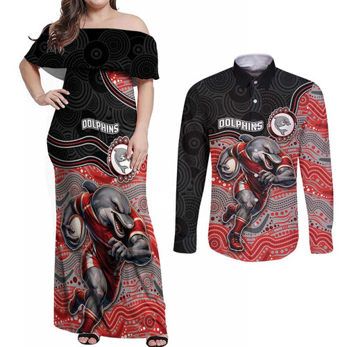 Custom Dolphins Couples Matching Off Shoulder Maxi Dress and Long Sleeve Button Shirt Fish Mascot With Aboriginal Indigenous