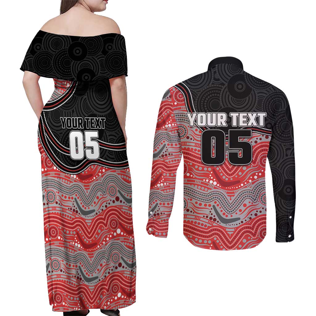 Custom Dolphins Couples Matching Off Shoulder Maxi Dress and Long Sleeve Button Shirt Fish Mascot With Aboriginal Indigenous