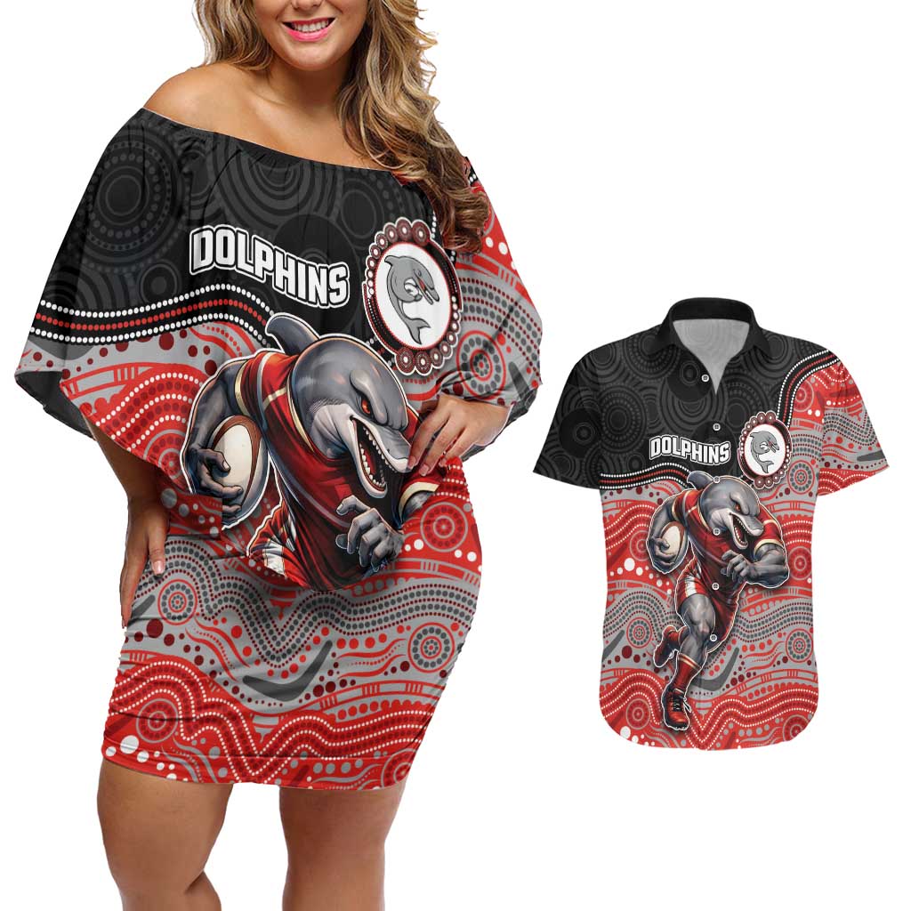 Custom Dolphins Couples Matching Off Shoulder Short Dress and Hawaiian Shirt Fish Mascot With Aboriginal Indigenous