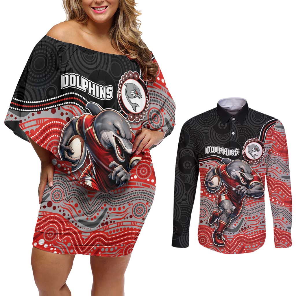 Custom Dolphins Couples Matching Off Shoulder Short Dress and Long Sleeve Button Shirt Fish Mascot With Aboriginal Indigenous