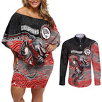 Custom Dolphins Couples Matching Off Shoulder Short Dress and Long Sleeve Button Shirt Fish Mascot With Aboriginal Indigenous