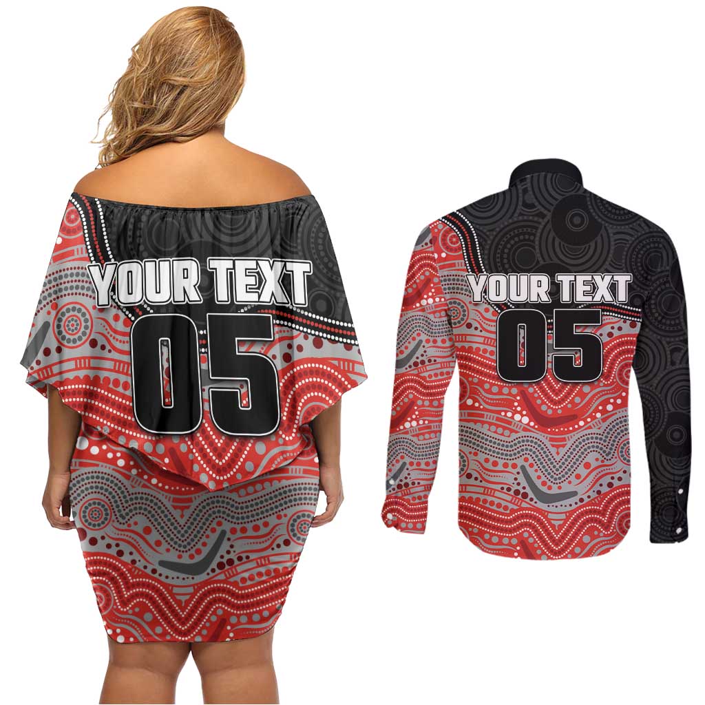 Custom Dolphins Couples Matching Off Shoulder Short Dress and Long Sleeve Button Shirt Fish Mascot With Aboriginal Indigenous