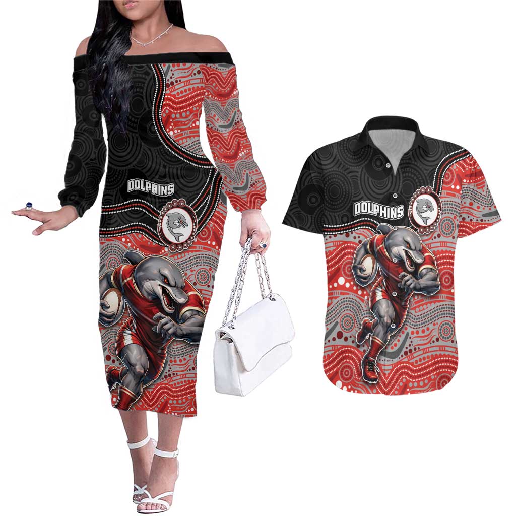 Custom Dolphins Couples Matching Off The Shoulder Long Sleeve Dress and Hawaiian Shirt Fish Mascot With Aboriginal Indigenous