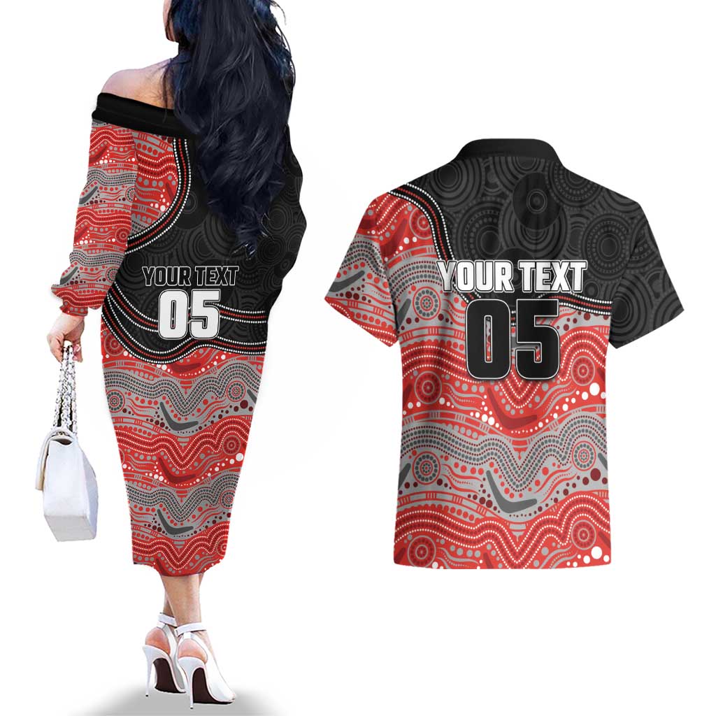 Custom Dolphins Couples Matching Off The Shoulder Long Sleeve Dress and Hawaiian Shirt Fish Mascot With Aboriginal Indigenous